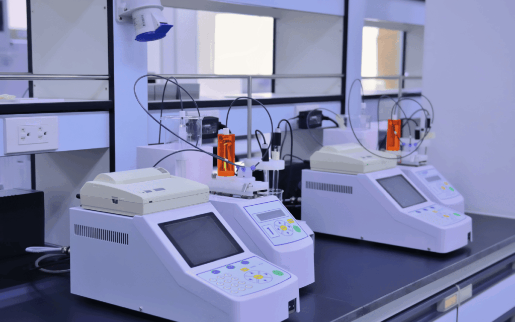 Equipo técnico trabajando con equipos de laboratorio electrónicos