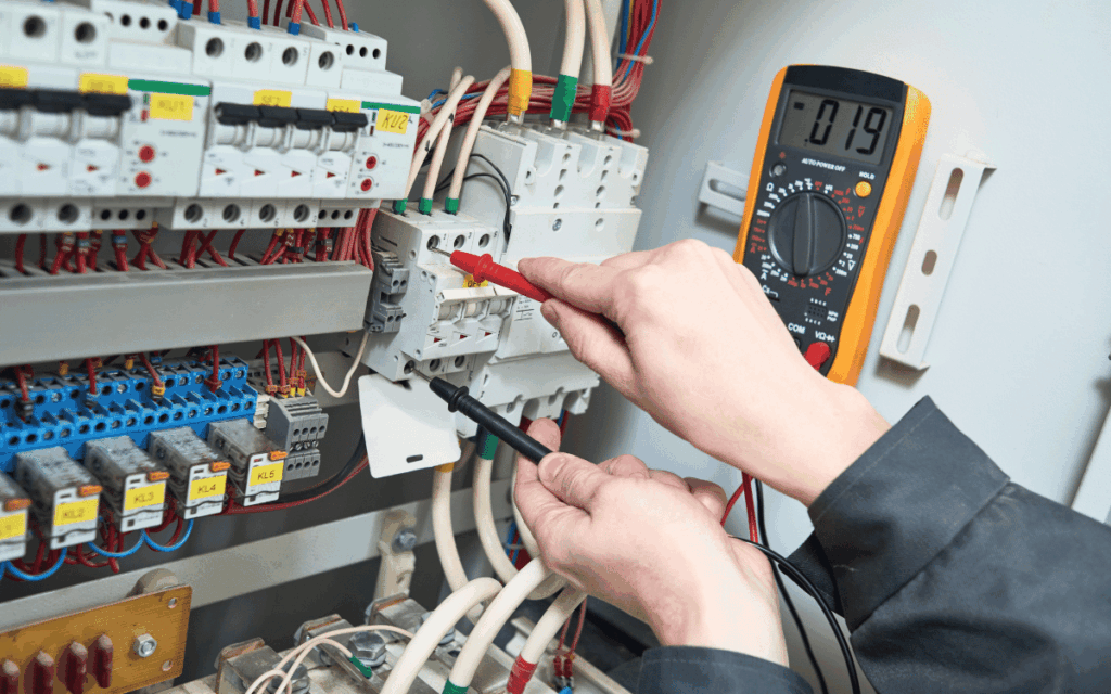 Técnico realizando medición con medidor de aislamiento en instalación eléctrica
